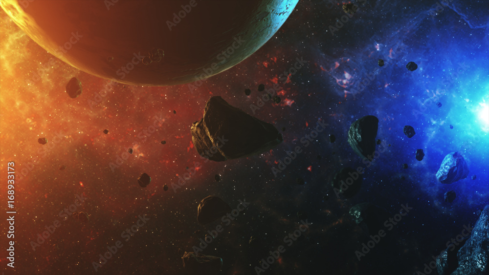 Canvas Prints a beautiful colorful space with asteroids with sounds and a planet 3d illustration