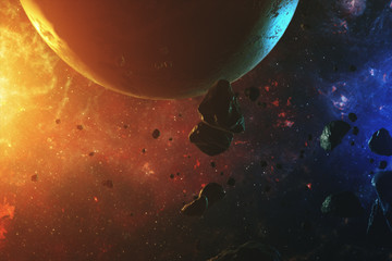 A beautiful colorful space with asteroids with sounds and a planet 3d illustration - obrazy, fototapety, plakaty