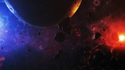 A beautiful colorful space with asteroids with sounds and a planet 3d illustration