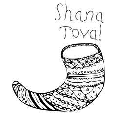 Fototapeta premium Black shofar on Rosh Hashanah. The Jewish New Year. Shana Tova. Hebrew. Doodle. Hand draw. Vector illustration on isolated background