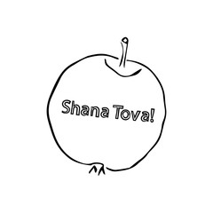 Apple with an inscription Shana Tova sweet year. Jewish New Year Rosh a Shana. Hebrew. Doodle. Sketch. Hand draw. Vector illustration on isolated background.