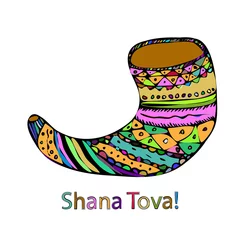 Tuinposter Multicolored shofar on Rosh Hashanah. The Jewish New Year. Shana Tova. Hebrew. Doodle. Hand draw. Vector illustration on isolated background © timonina