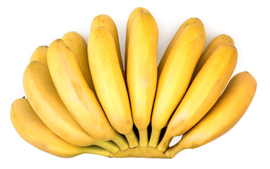 Big bunch of little ripe delicious bananas isolated on white background, top view.