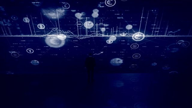 Businessman approaches a giant wall projecting financial data. 4K UHD animation rendered at 16-bit color depth.