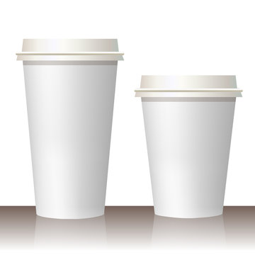 Plastic and carton white coffee or tee cup mock up. Vector template.