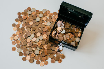 Images of euro coins. Many coins stacked on each other in different positions. Money concept.
