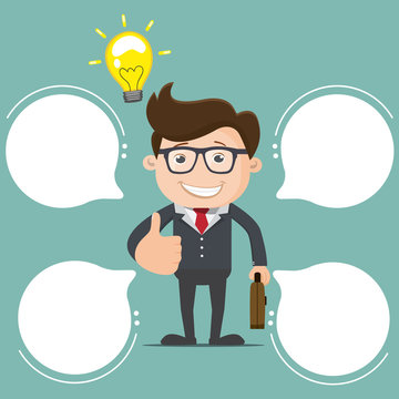 Businessman showing his thumb up with light bulb of idea. speech bubble - vector illustration
