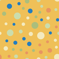 Colorful polka dots seamless pattern on bright 6 background. Radiant classic colorful polka dots textile pattern. Seamless scattered confetti fall chaotic decor. Abstract vector illustration.
