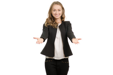 Beautiful young business woman style welcome stretching both hands to a meeting