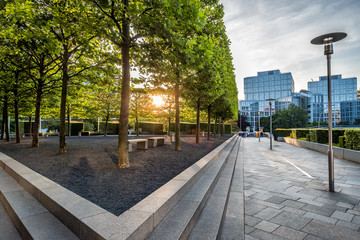 Sunset over park in commercial district