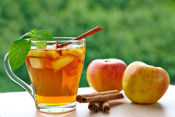Refreshing drink with apple  and cinnamon against a natural green background