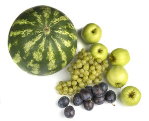 Various, assorted fruits isolated on the white background with soft shadow