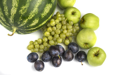 Various, assorted fruits isolated on the white background with soft shadow