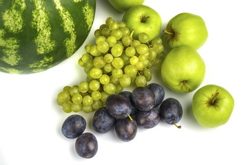 Various, assorted fruits isolated on the white background with soft shadow