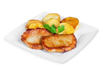 Grilled meat with potatoes isolated on white background