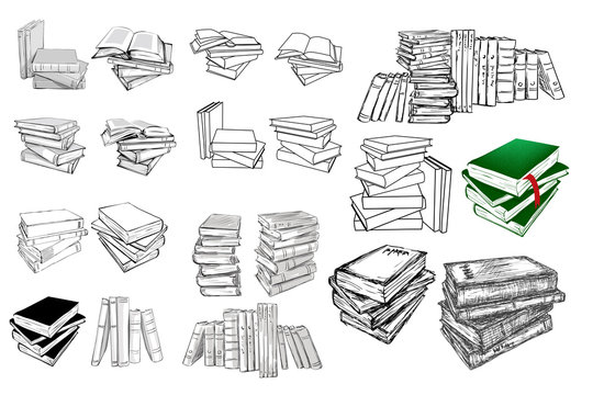 Books set. Opened and closed books, stacked books and single book isolated on white background. Linear and sketch illustration