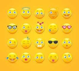 Fototapeta premium Cute cartoon emoticons. Emoji icons vector set. Yellow smiles
