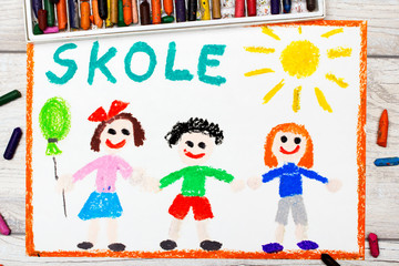 Obraz na płótnie Canvas Photo of colorful drawing: Swedish word SCHOOL and happy children. First day at school.