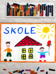 Photo of  colorful drawing: Swedish word SCHOOL, school building and happy children. First day at school.