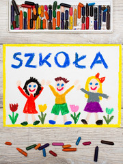 Fototapeta Kolorowy rysunek przedstawiający napis WITAJ SZKOŁO oraz cieszące się dzieci. Powrót do szkoły obraz