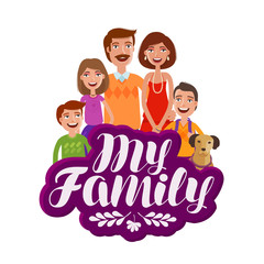 Happy large family, banner. Parents and children. Cartoon vector illustration
