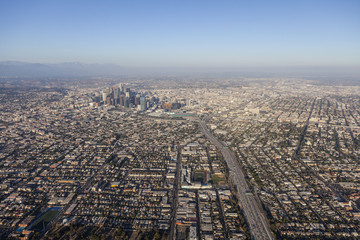 Fototapeta na wymiar Aerial view of the Santa Monica 10 Freeway heading east towards downtown Los Angeles in Southern California.