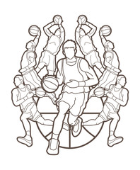 Fototapeta na wymiar Basketball Team player dunking dripping ball action outline graphic vector