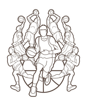 Basketball Team player dunking dripping ball action outline graphic vector