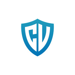 Initial letter CV, shield logo, modern blue color
