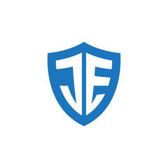 Initial letter JE, shield logo, modern blue color