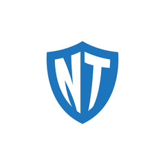 Initial letter NT, shield logo, modern blue color
