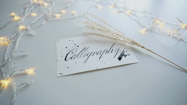 Italic, thin text and Calligraphy inscription made with black ink on rectangular white sheet of paper, near which lies branch of feather grass on light table with flickering garland. Concept of fine
