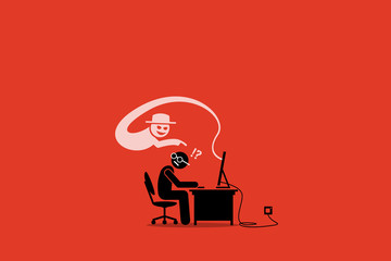 Internet Cyber Scammer Trying to Cheat an Internet User. Artwork Illustration depicts electronic scam, con artist, cyber crime, hack, hacker, and phishing site. 