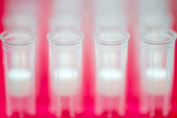 Close-up macro detail of rows of plastic pipette tips with filters in a pink box. Molecular and biomedical research concept.