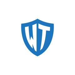 Initial letter WT, shield logo, modern blue color
