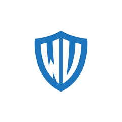 Initial letter WU, WV, shield logo, modern blue color