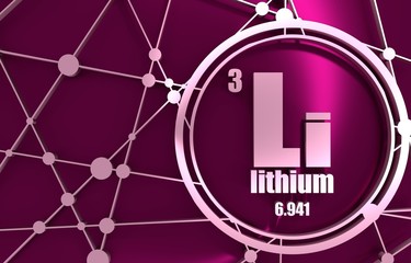Lithium chemical element. Sign with atomic number and atomic weight. Chemical element of periodic table. Molecule And Communication Background. Chrome metallic material. 3D rendering.