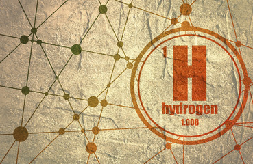 Hydrogen chemical element. Sign with atomic number and atomic weight. Chemical element of periodic table. Molecule And Communication Background. Connected lines with dots.