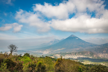 View of volcanos Agua, El Fuego and Aconcagua from high elevation in Guatemala