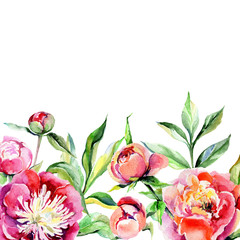 Wildflower peony flower frame in a watercolor style. Full name of the plant: peony. Aquarelle wild flower for background, texture, wrapper pattern, frame or border.