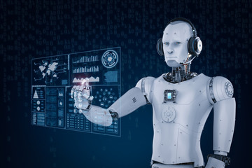 robot wearing headset and working with virtual display