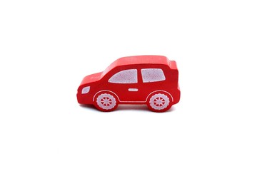Red Wooden Car Toy Isolated on White Background.