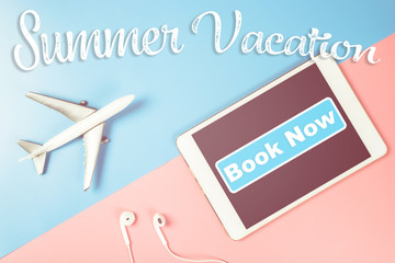 tablet for summer vacation book now with plane for travel agency