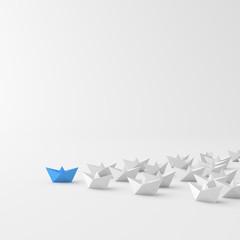 Leadership concept, blue leader boat, leading whites. 3D Rendering.