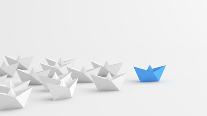 Leadership concept, blue leader boat, leading white boats. 3D Rendering.