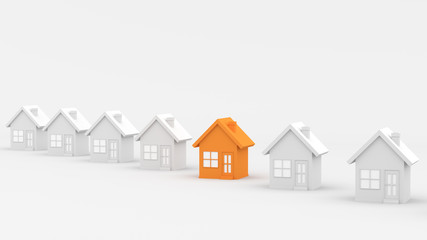 Orange house among white houses. Hunting and searching concept. 3D Rendering