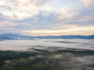 Landscape of misty mountain forest covered hills at khao khai nui