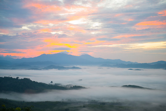 Landscape of misty mountain forest covered hills at khao khai nui
