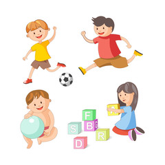 Children little boys girls playing toy games vector flat icons set