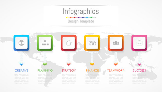 Infographic design elements for your business data with 6 options, parts, steps, timelines or processes. Vector Illustration. World map of this image furnished by NASA